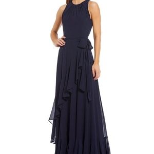Colette Sleeveless Keyhole Crew Neck Tie Waist Ruffle Front Maxi Gown
